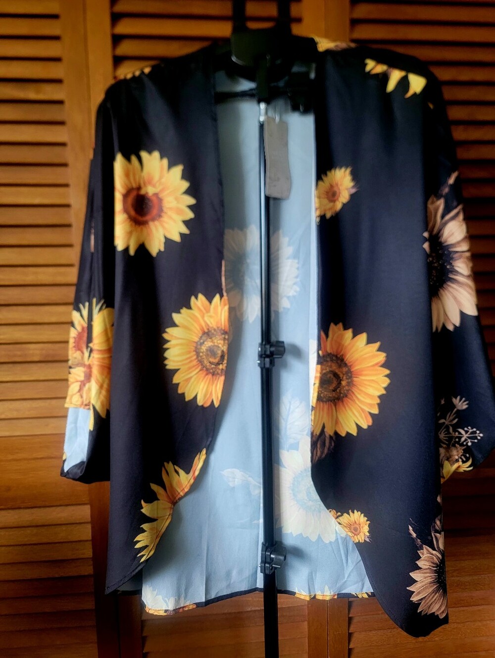 Sunflower Print Black Open-Front Kimono Jacket